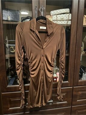 House of CB Brown Ruched Button-Front Mini Dress